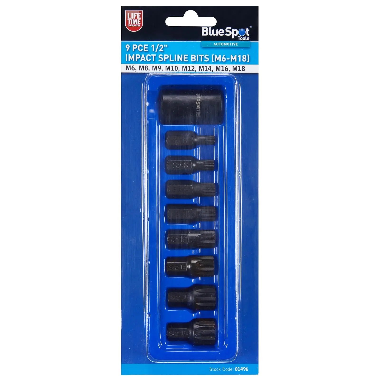 BlueSpot Impact Spline Bits Sockets 1/2" Drive M6-M18 9 Piece