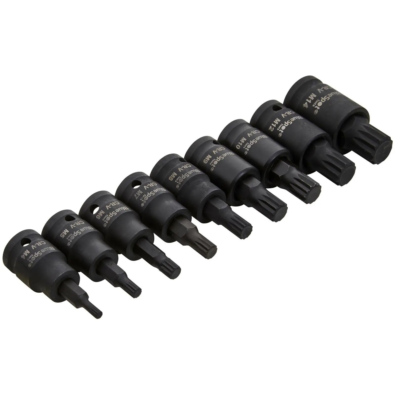 BlueSpot Impact Spline Socket Bit Set 3/8" Drive M4-M14 9 Piece White Rose Tools