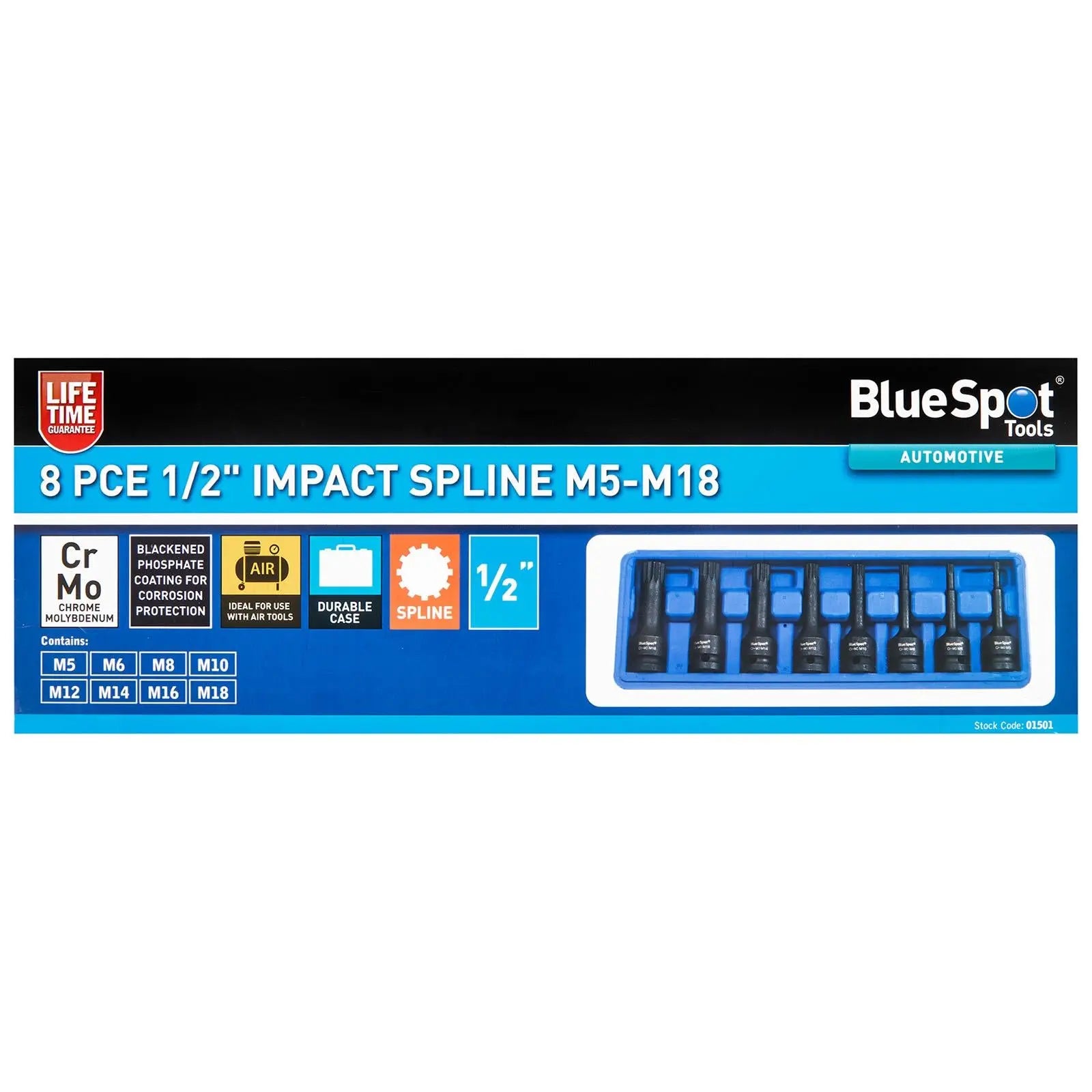 BlueSpot Impact Spline Socket Set 1/2" Drive M5-M18 8 Piece  White Rose Tools