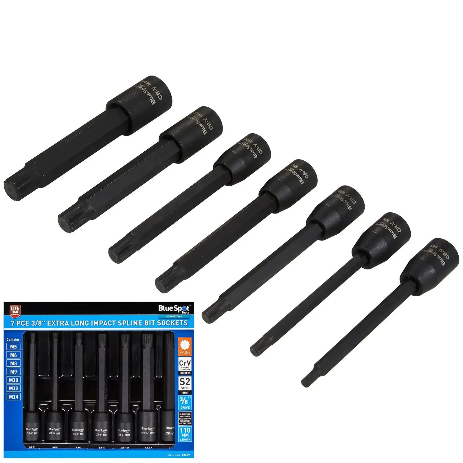 BlueSpot Impact Spline Socket Set Extra Long 110mm 3/8" Drive M5-M14 7 Piece White Rose Tools