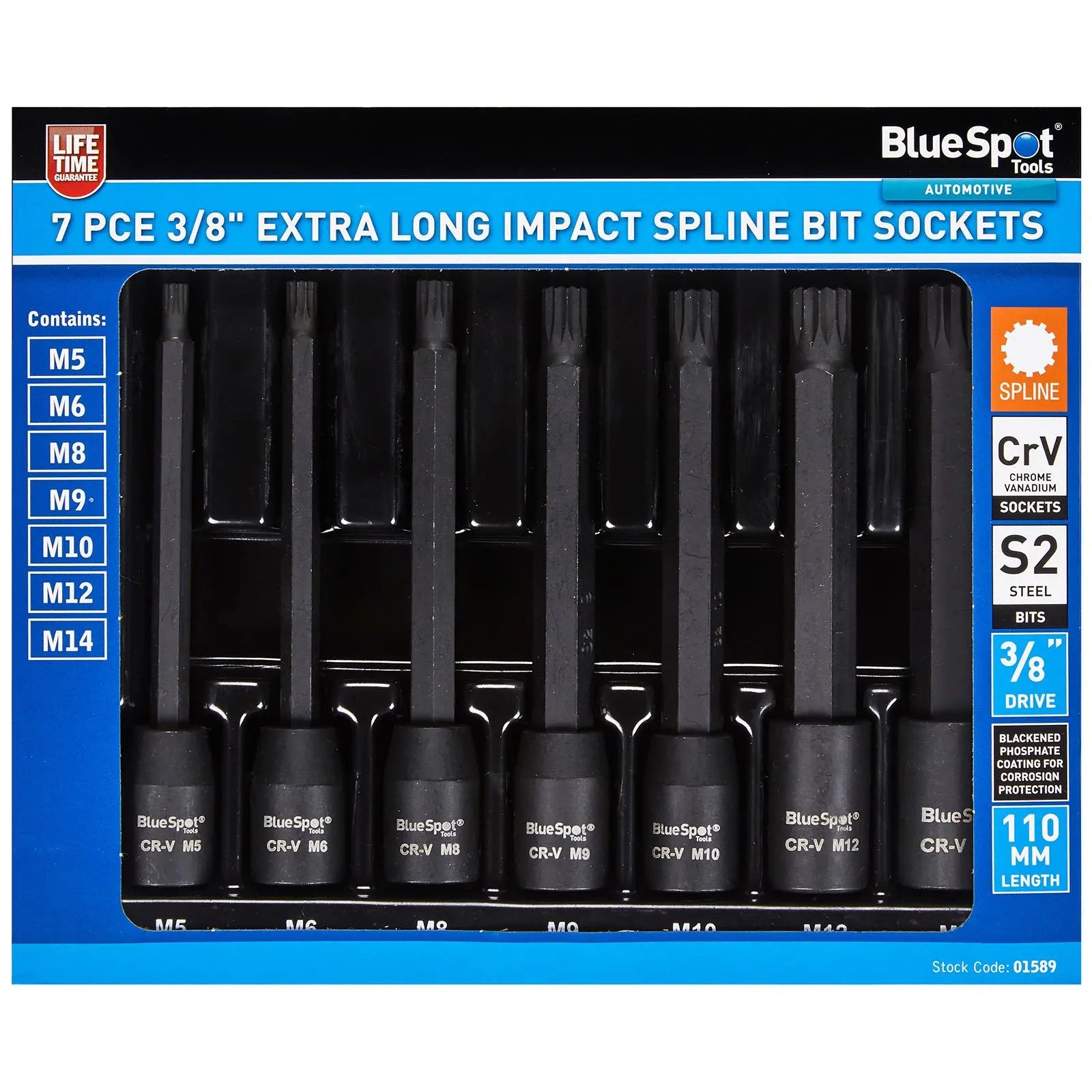 BlueSpot Impact Spline Socket Set Extra Long 110mm 3/8" Drive M5-M14 7 Piece White Rose Tools