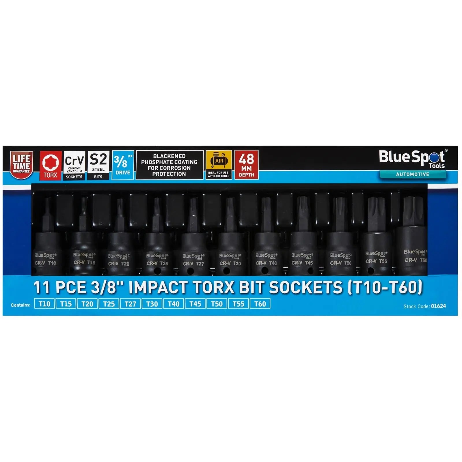 BlueSpot Impact Torx Socket Bit Set 3/8" Drive T10-T60 11 Piece White Rose Tools