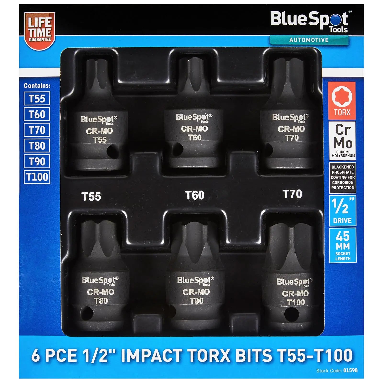 BlueSpot Impact Torx Socket Set 1/2" Drive T55-T100 6 Piece White Rose Tools