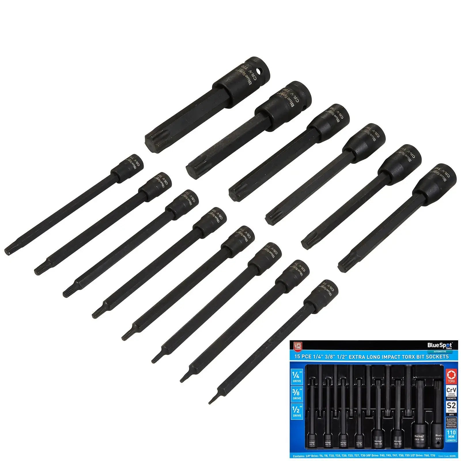 BlueSpot Impact Torx Socket Set Extra Long 110mm 1/4" 3/8" 1/2" Drive T6-T70 15pc White Rose Tools