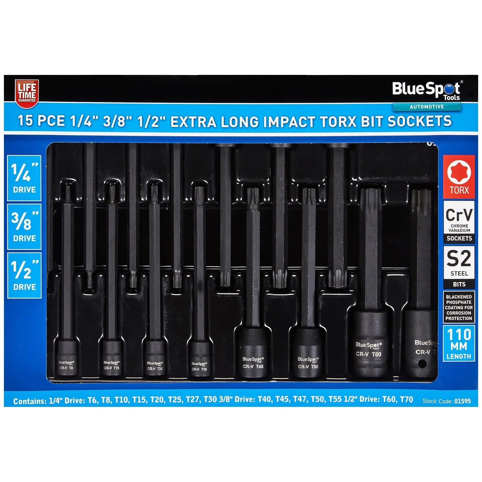 BlueSpot Impact Torx Socket Set Extra Long 110mm 1/4" 3/8" 1/2" Drive T6-T70 15pc White Rose Tools