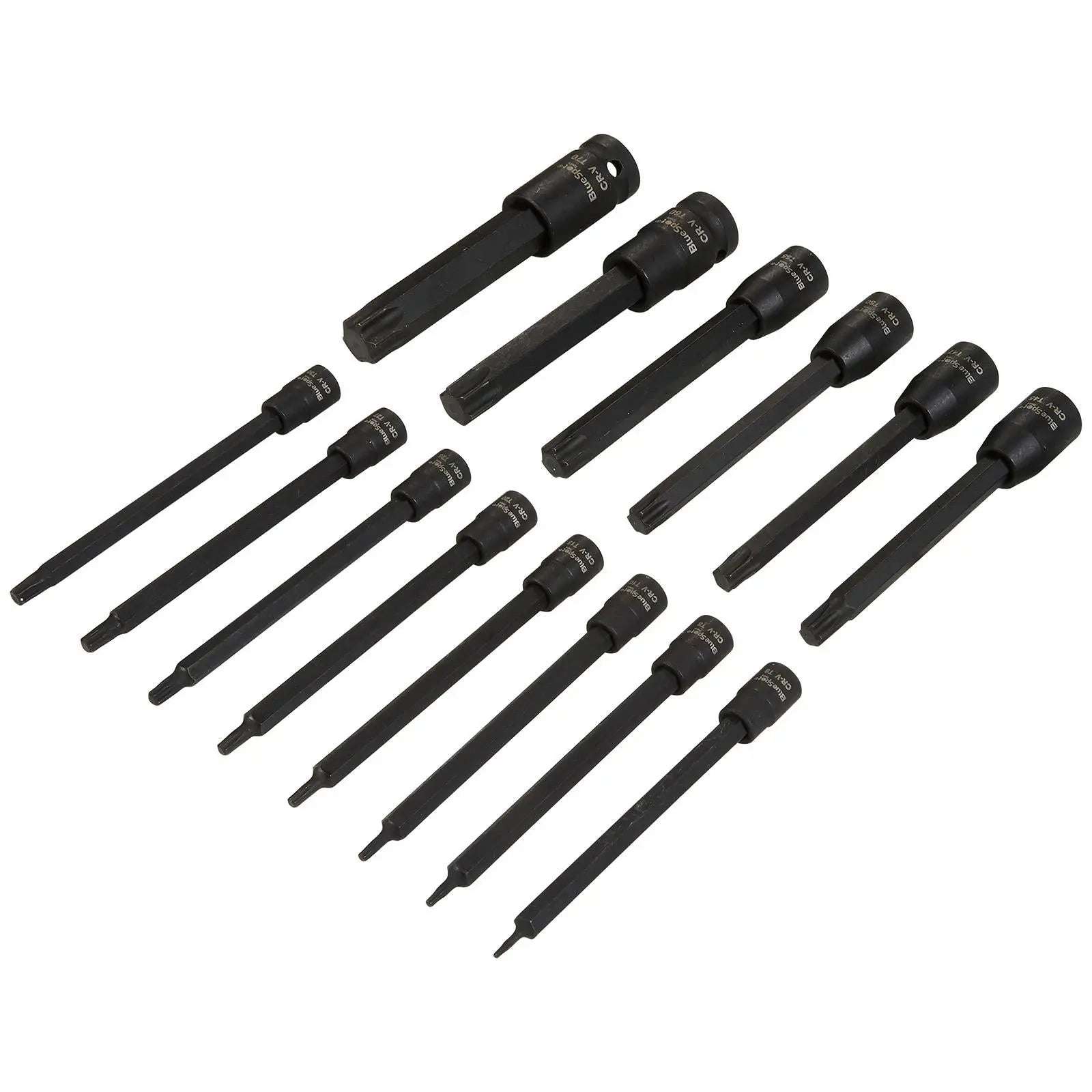 BlueSpot Impact Torx Socket Set Extra Long 110mm 1/4" 3/8" 1/2" Drive T6-T70 15pc White Rose Tools