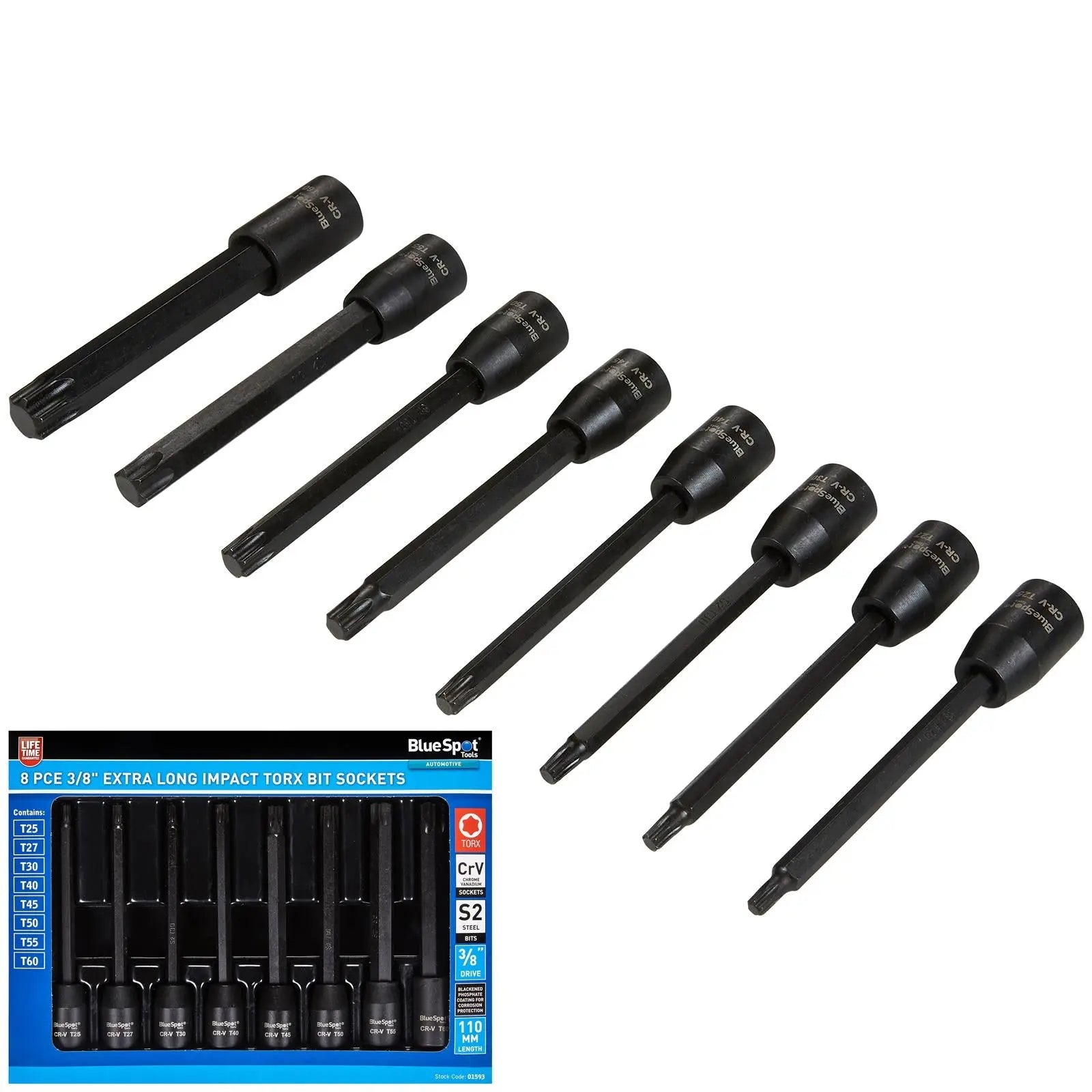 BlueSpot Impact Torx Socket Set Extra Long 110mm 3/8" Drive T25-T60 8 Piece White Rose Tools