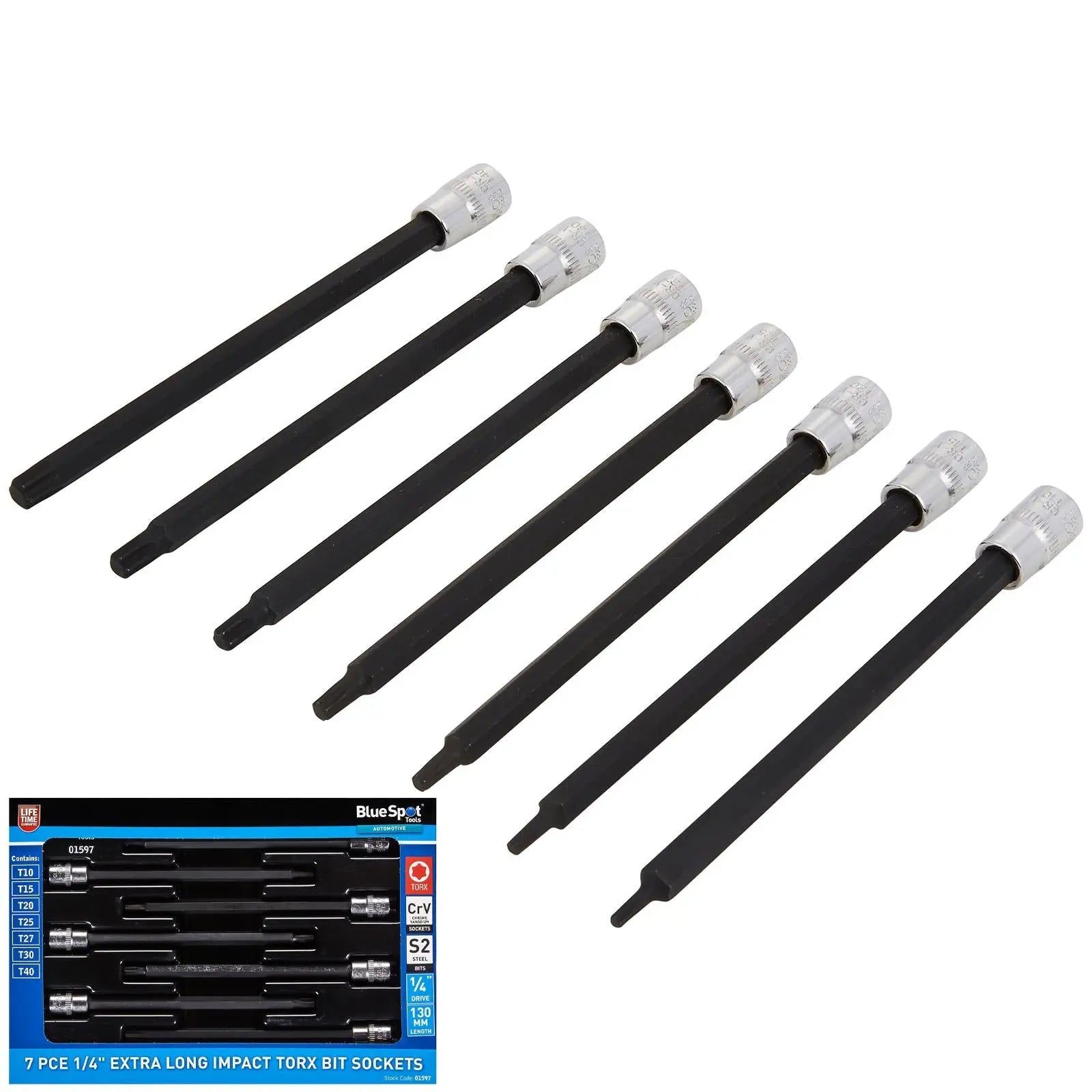 BlueSpot Impact Torx Socket Set Extra Long 130mm 1/4" Drive T10-T40 7 Piece White Rose Tools