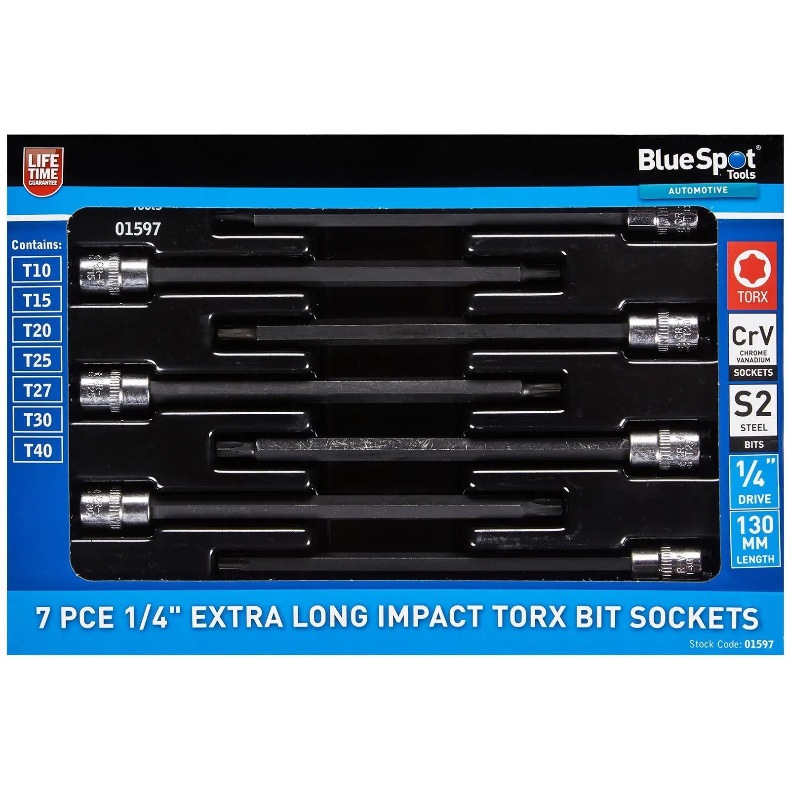 BlueSpot Impact Torx Socket Set Extra Long 130mm 1/4" Drive T10-T40 7 Piece White Rose Tools