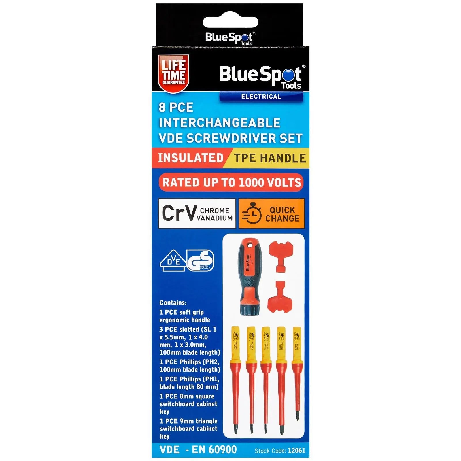 BlueSpot Interchangeable VDE Screwdriver Set Slotted Phillips 8 Piece White Rose Tools