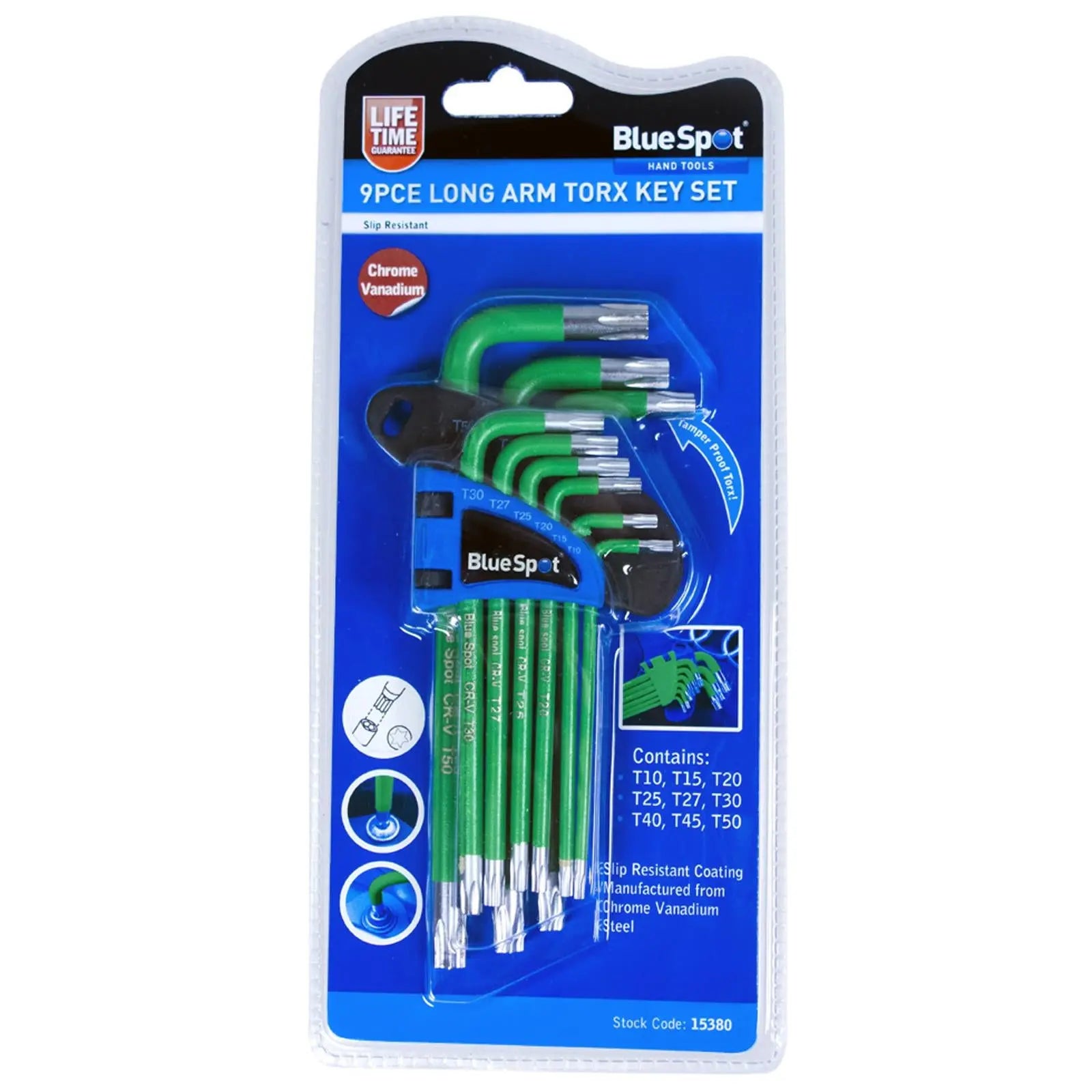 BlueSpot Long Arm Tamper Proof Torx Key Set 9 Piece T10-T50