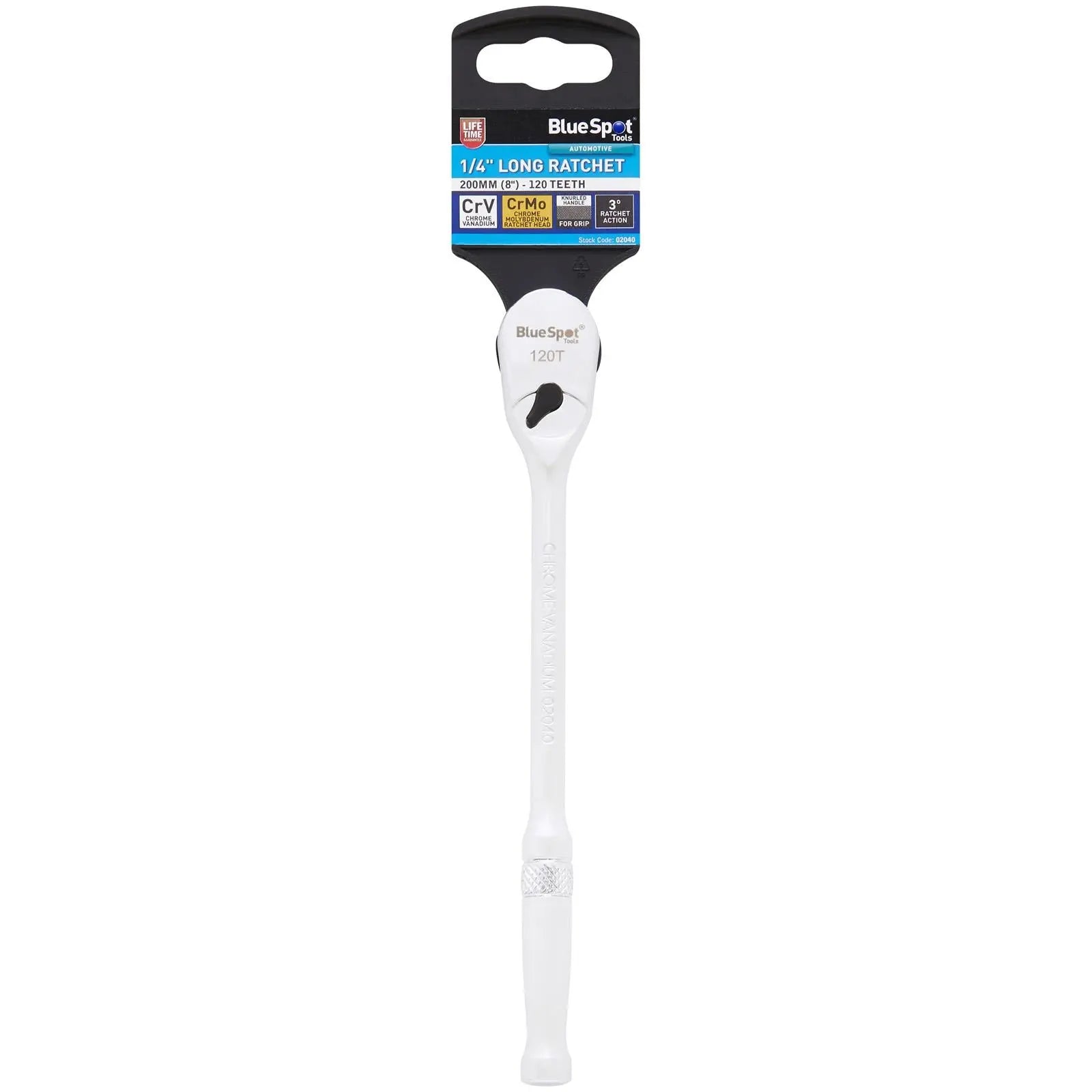 BlueSpot Long Ratchet Handle Socket Wrench 1/4" Drive 120 Teeth 200mm White Rose Tools