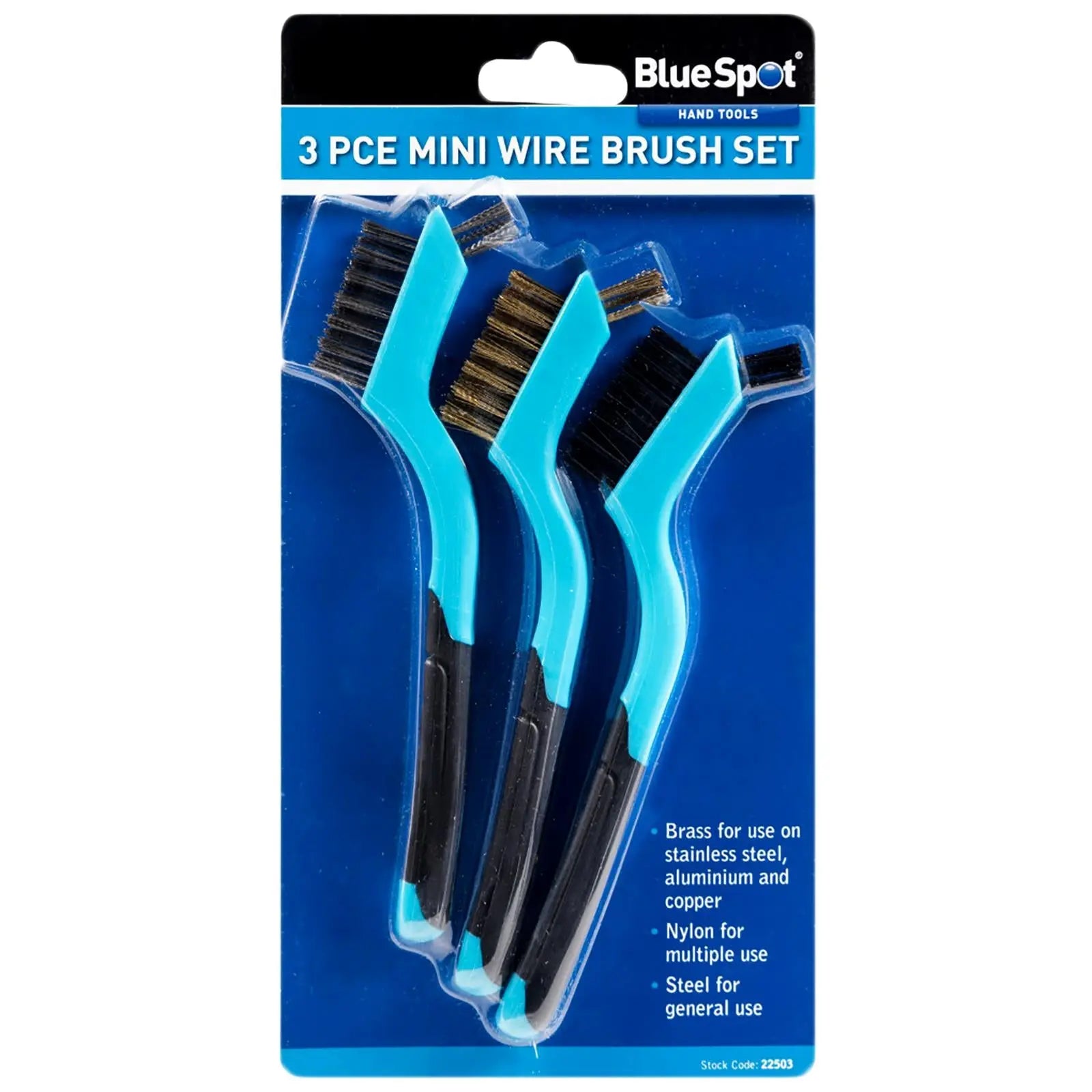 BlueSpot Mini Wire Brush Set 3 Piece Brass Nylon Steel Heads