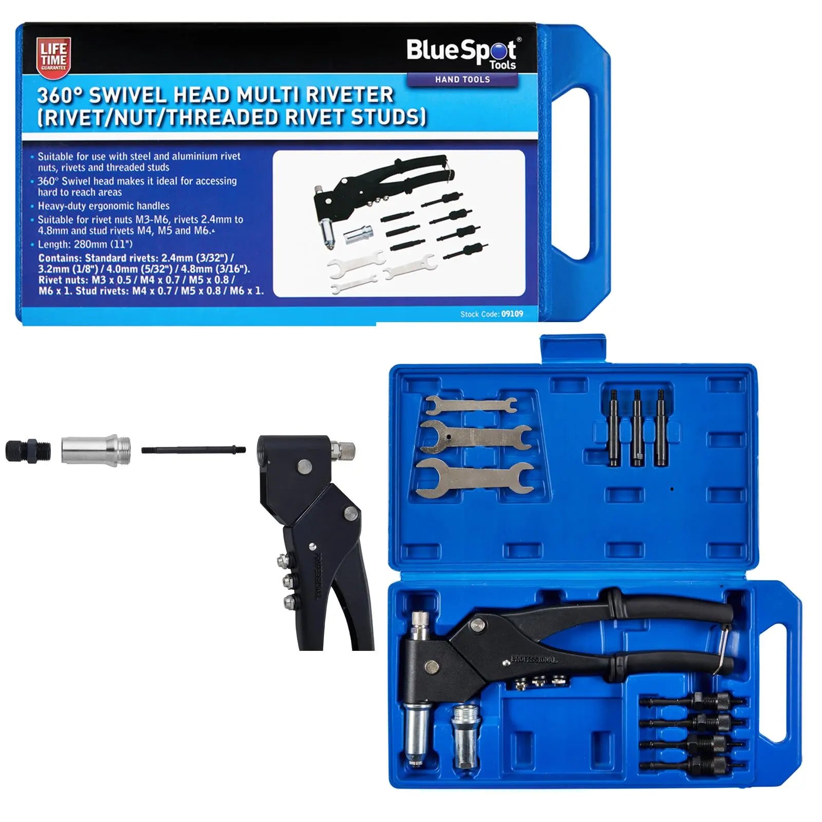 BlueSpot Multi Riveter 360° Swivel Head Rivet Gun for Rivet Nuts Rivets and Stud Rivets