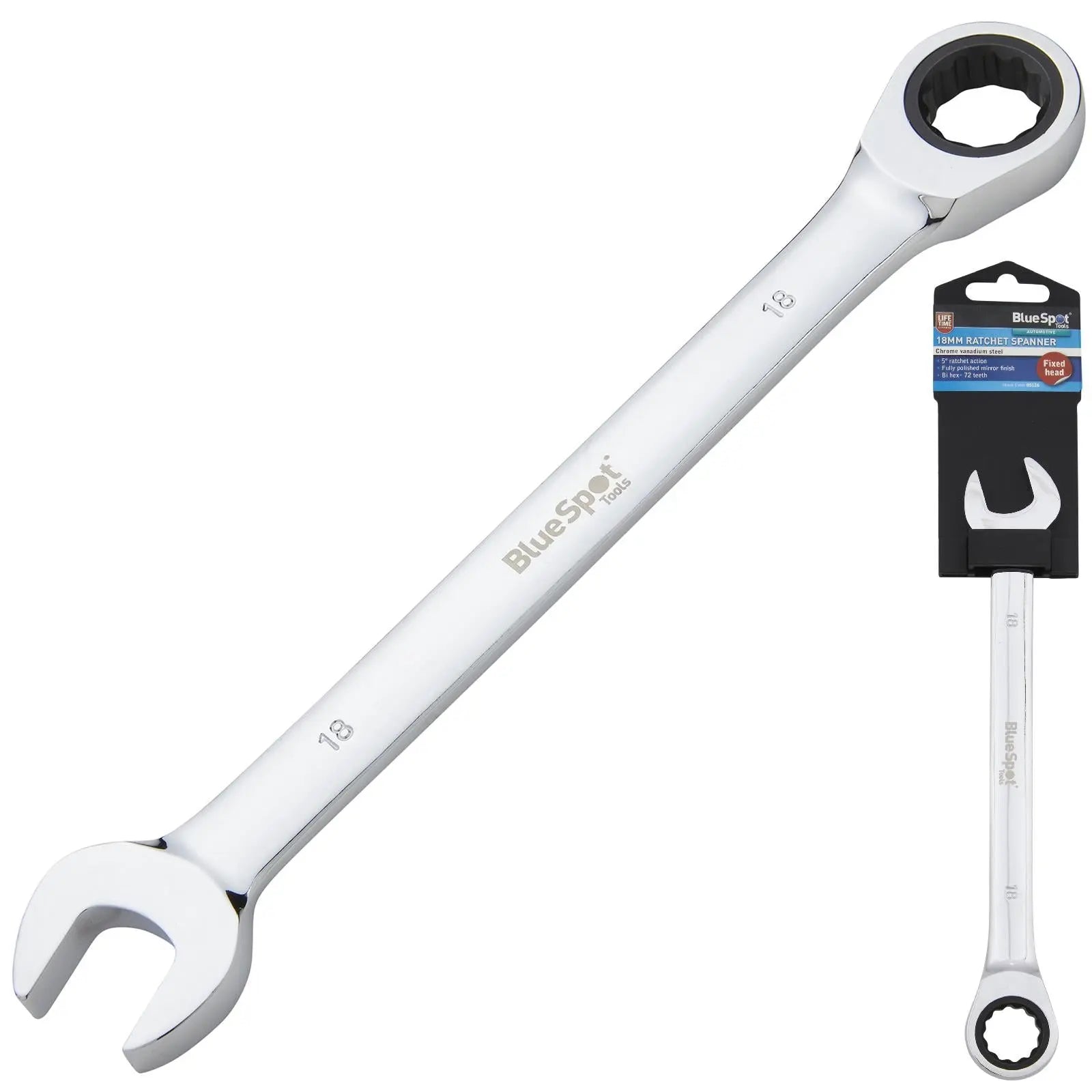 BlueSpot Ratchet Combination Spanner Fixed Head Chrome Vanadium 18mm