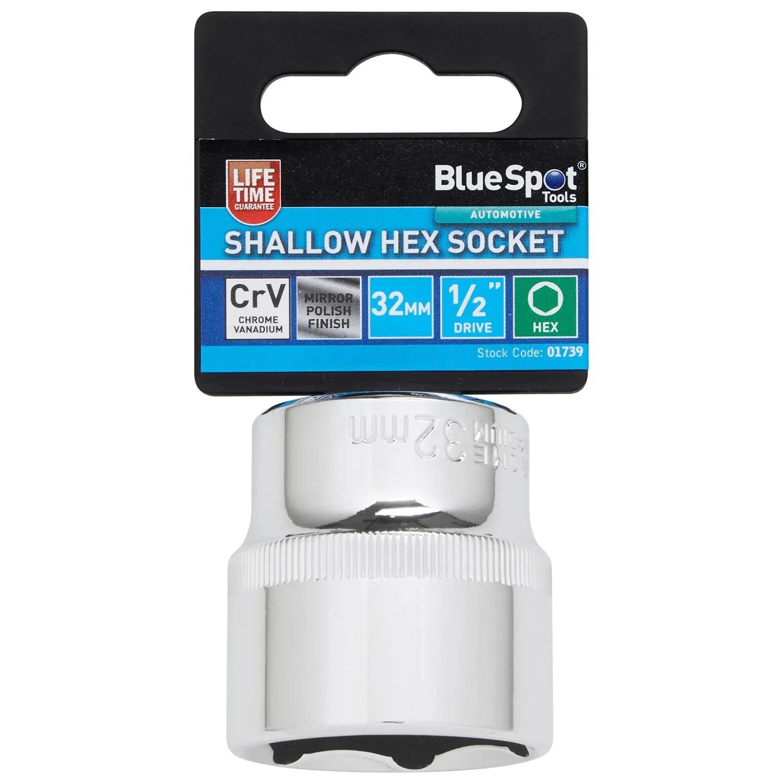 BlueSpot Shallow Socket 1/2" Drive 6 Point Hex Chrome Individual 8-32mm - Choose Size White Rose Tools