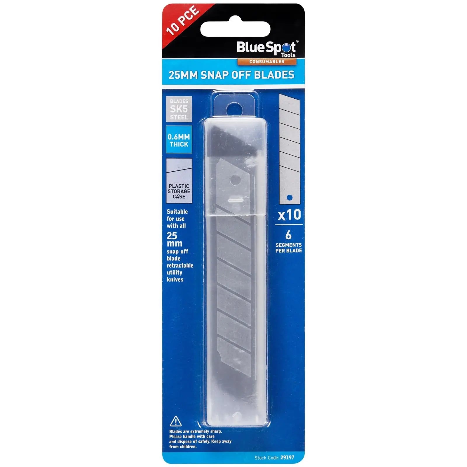 BlueSpot Snap Off Knife Blades 25mm 10 Pack White Rose Tools