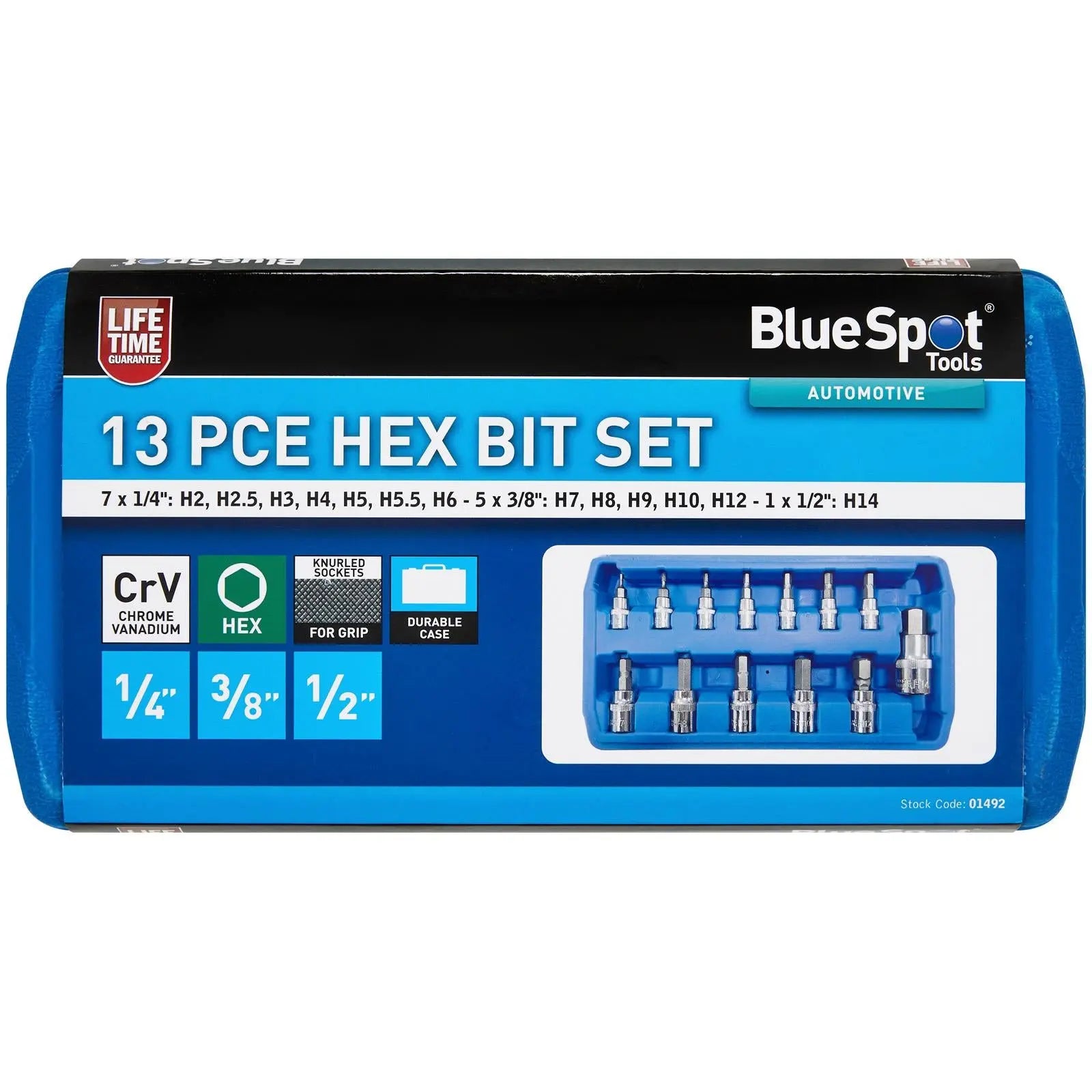 BlueSpot Socket Hex Bit Set 1/4" 3/8" 1/2" Drive 2-14mm 13 Piece White Rose Tools