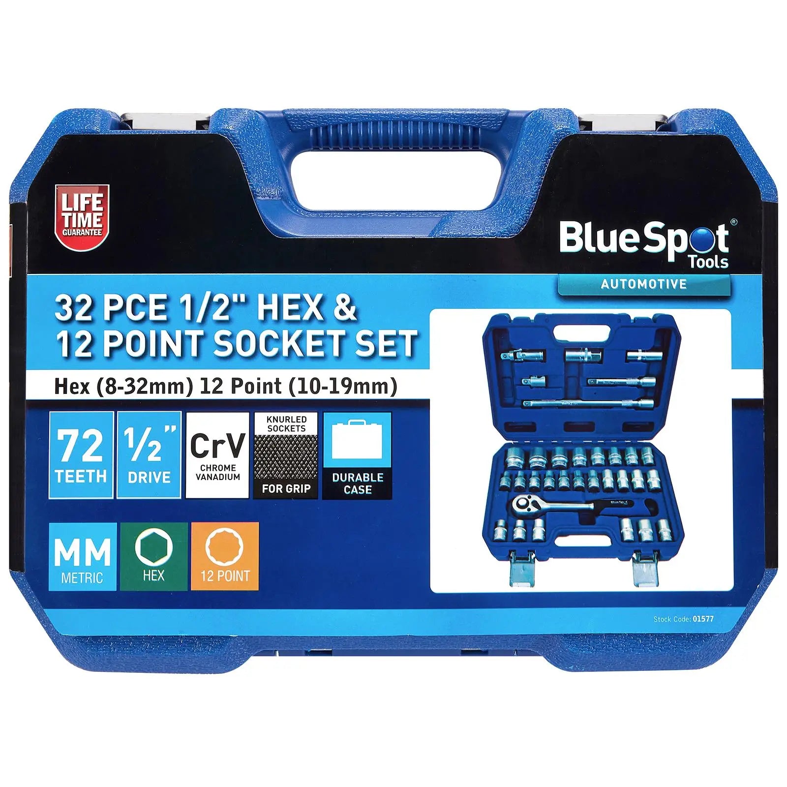 BlueSpot Socket Set Metric 1/2" Drive 8-32mm 32 Pieces with Accessories in Case White Rose Tools