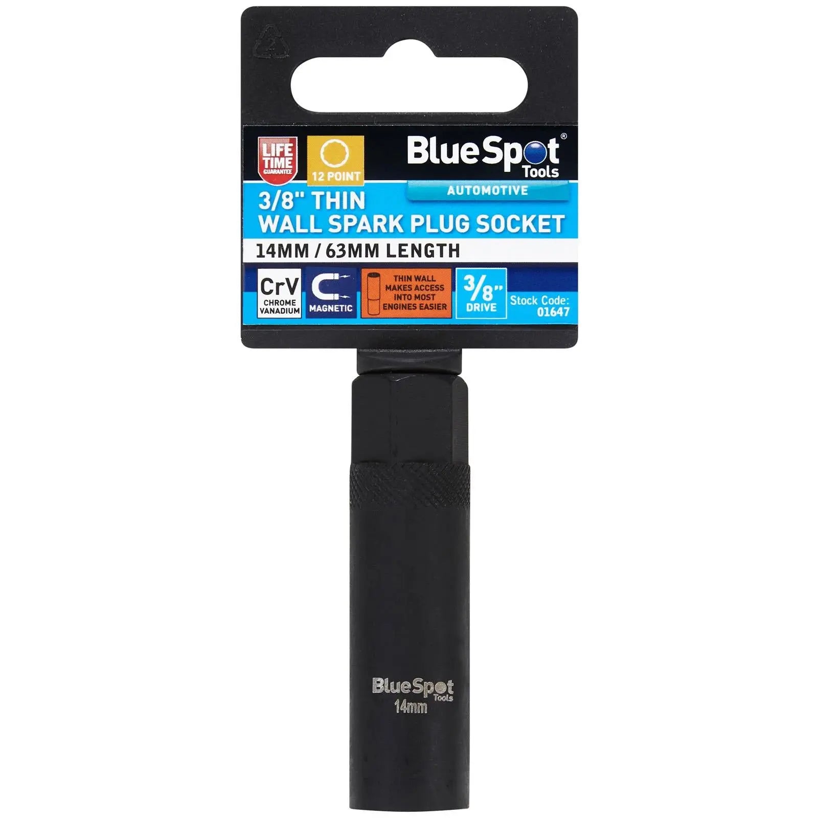 BlueSpot Spark Plug Socket 14mm Thin Wall 3/8" Drive 12 Point White Rose Tools