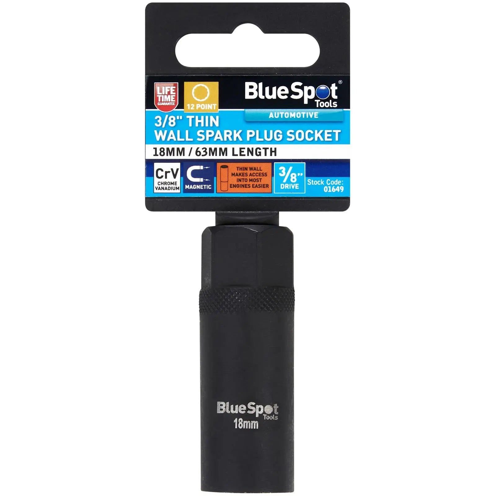 BlueSpot Spark Plug Socket 18mm Thin Wall 3/8" Drive 12 Point White Rose Tools