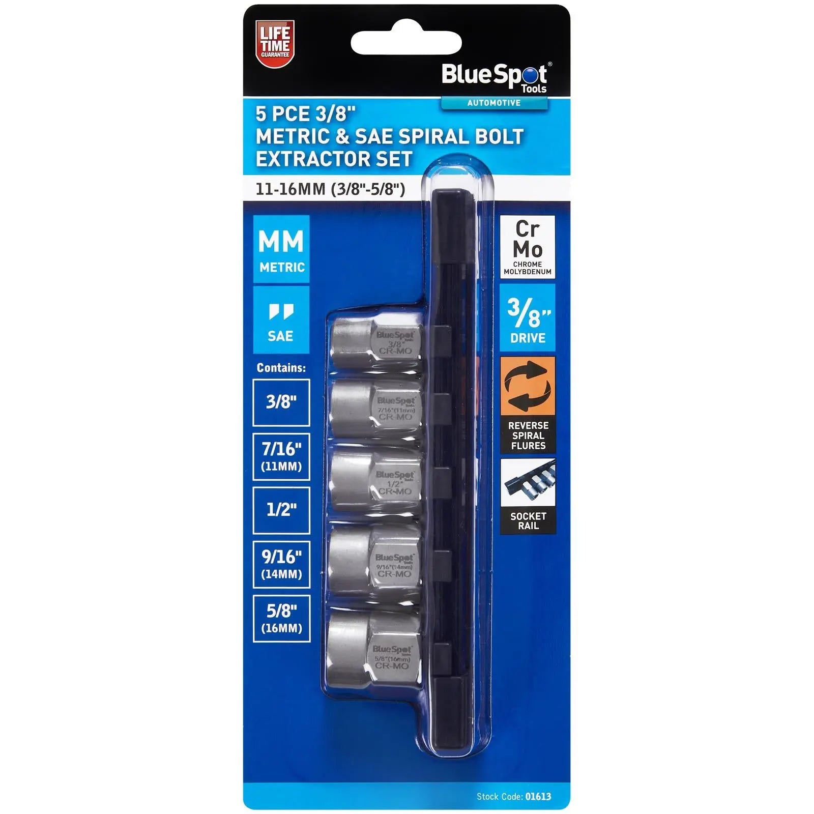 BlueSpot Spiral Bolt Extractor Set 3/8" Drive Metric and Imperial 11-16mm 3/8"-5/8" 5 Piece White Rose Tools