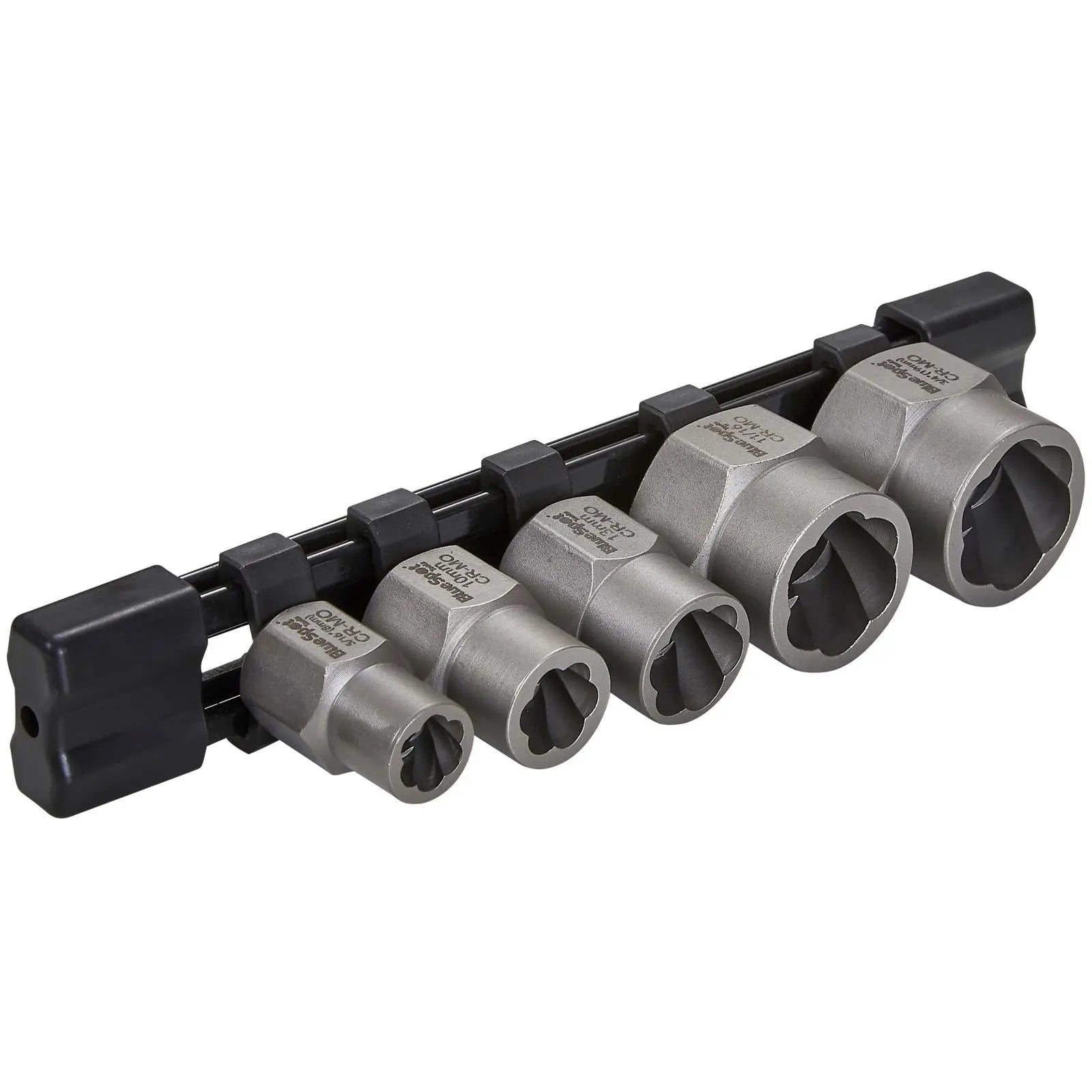 BlueSpot Spiral Bolt Extractor Set 3/8" Drive Metric and Imperial 8-19mm 5/16"-3/4" 5 Piece White Rose Tools