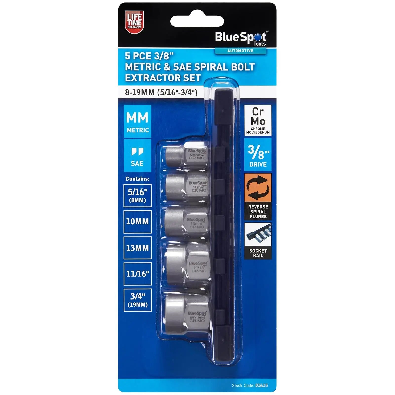 BlueSpot Spiral Bolt Extractor Set 3/8" Drive Metric and Imperial 8-19mm 5/16"-3/4" 5 Piece White Rose Tools