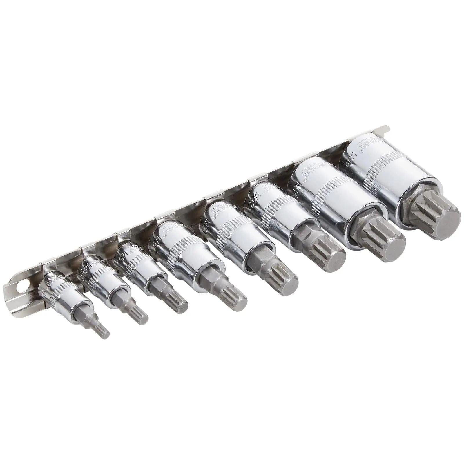 BlueSpot Spline Bit Socket Set on Socket Rail 1/4" 3/8" 1/2" Drive M4-M16 8 Piece White Rose Tools