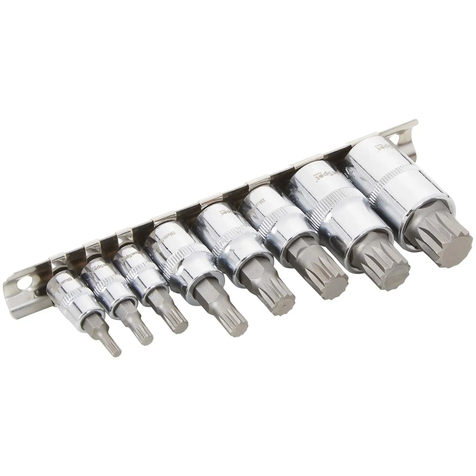 BlueSpot Spline Socket Bit Set 1/4" 3/8" 1/2" Drive on Socket Rail M4-M16 8 Piece White Rose Tools