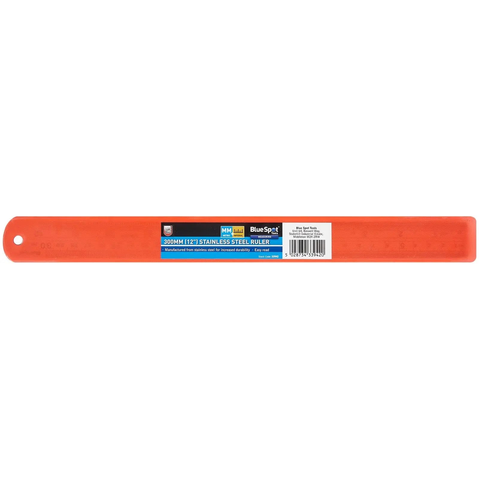 BlueSpot Stainless Steel Ruler 300mm 12in Metric Imperial Measurements White Rose Tools