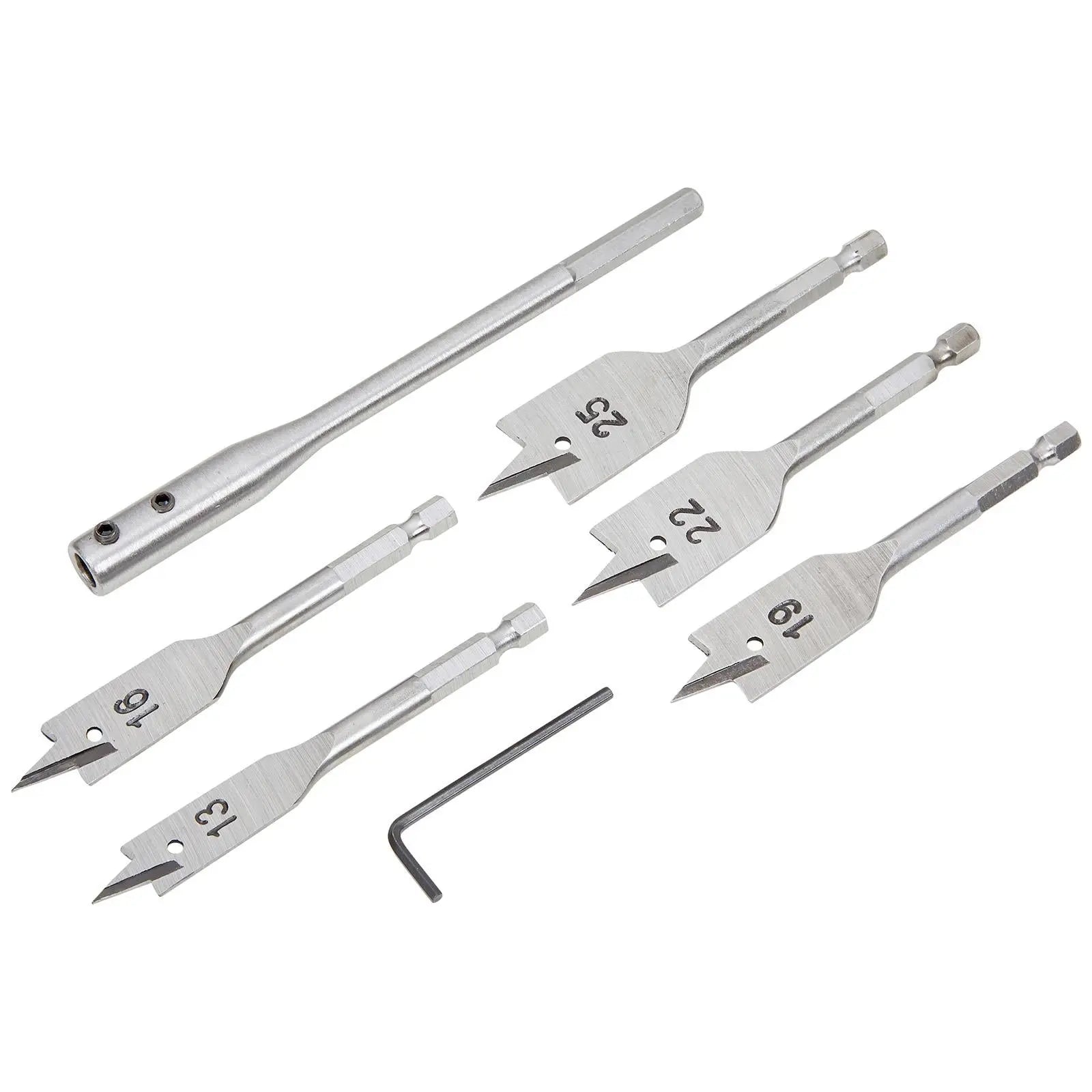 BlueSpot Stubby Flat Wood Drill Bit Set 7 Pieces 13-25mm Hex Shank 100mm Long White Rose Tools