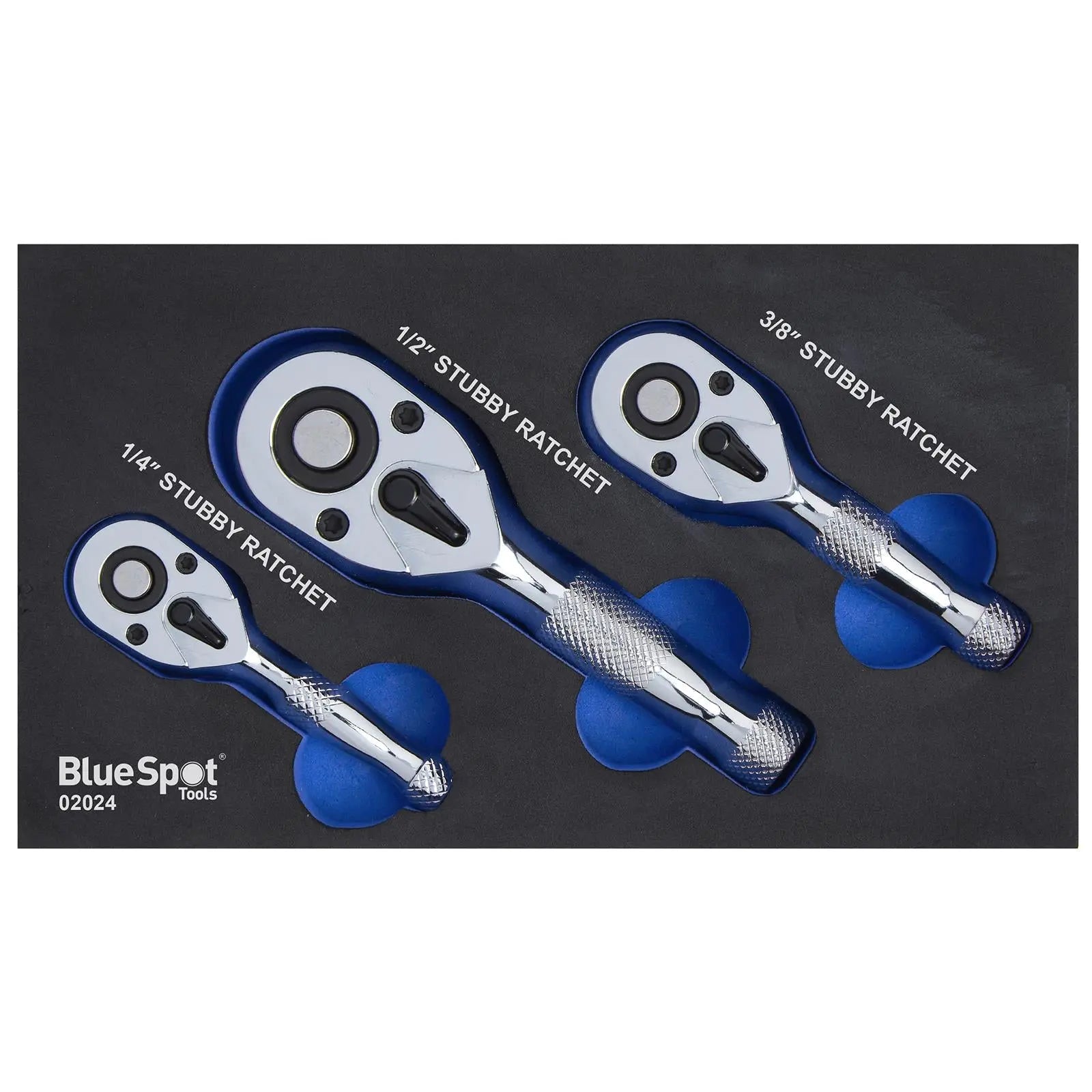 BlueSpot Stubby Ratchet Set In EVA Foam 3 Piece 1/4" 3/8" 1/2" Drive