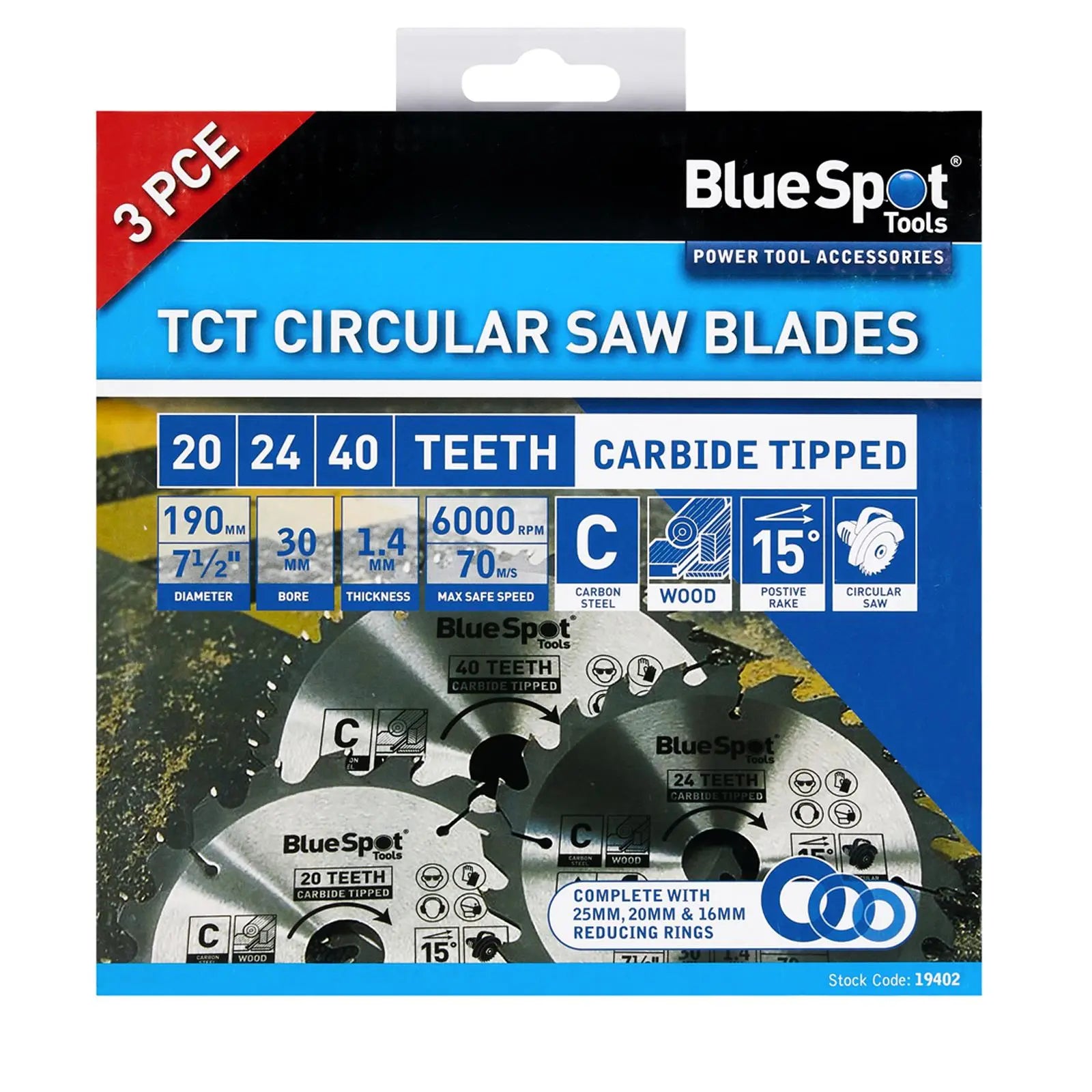BlueSpot TCT Circular Saw Blades 20 24 40 Teeth 190mm x 30mm 3 Piece  White Rose Tools