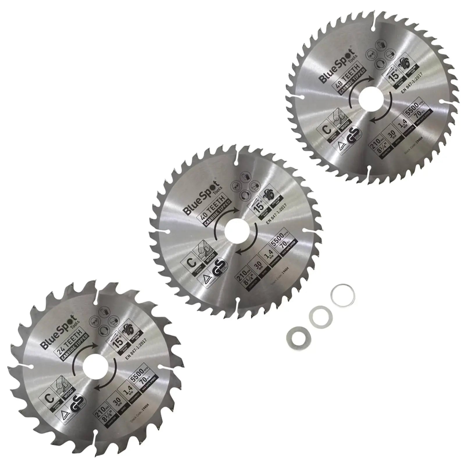 BlueSpot TCT Circular Saw Blades 24 40 48 Teeth 210mm x 30mm 3 Piece  White Rose Tools