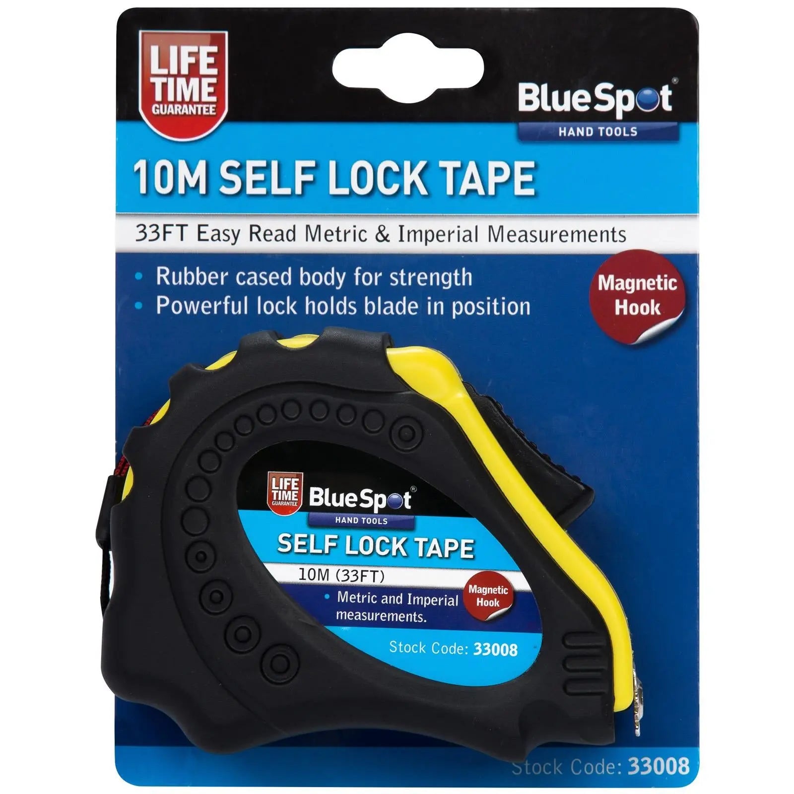 BlueSpot Tape Measure Auto Lock Soft Grip 10m 33ft White Rose Tools