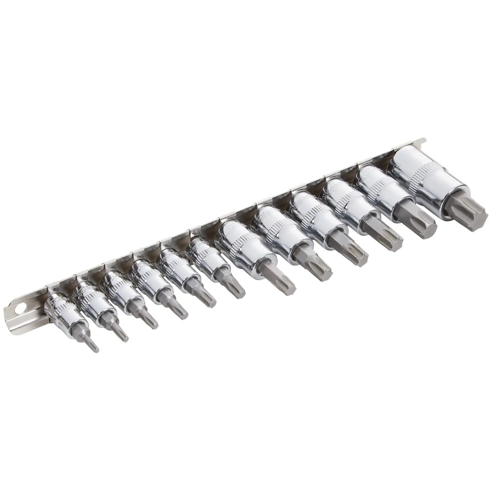 BlueSpot Torx Bit Socket Set on Socket Rail 1/4" 3/8" 1/2" Drive T10-T60 12 Piece White Rose Tools
