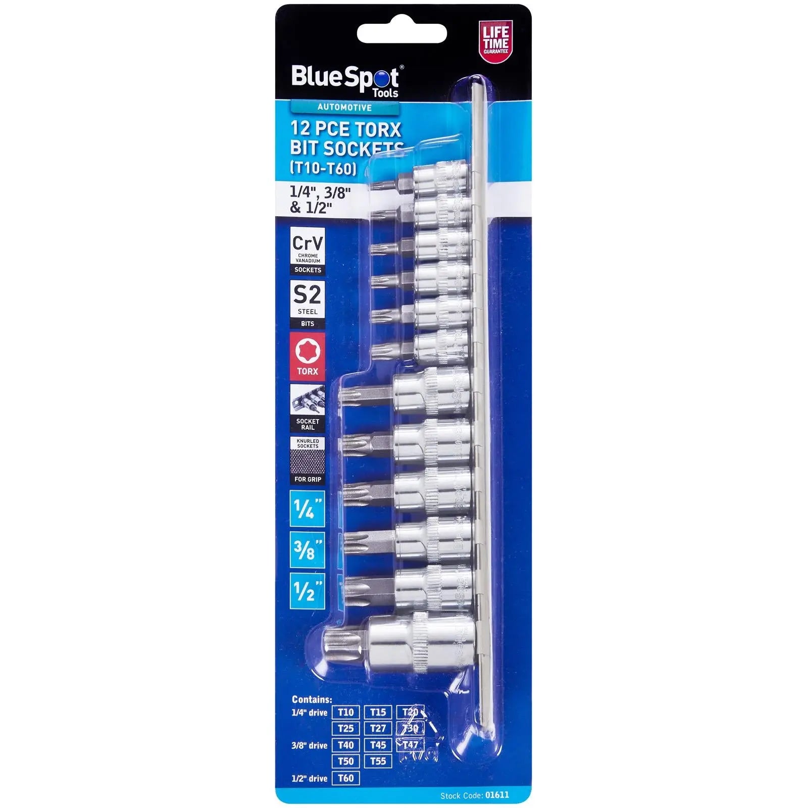 BlueSpot Torx Bit Socket Set on Socket Rail 1/4" 3/8" 1/2" Drive T10-T60 12 Piece White Rose Tools
