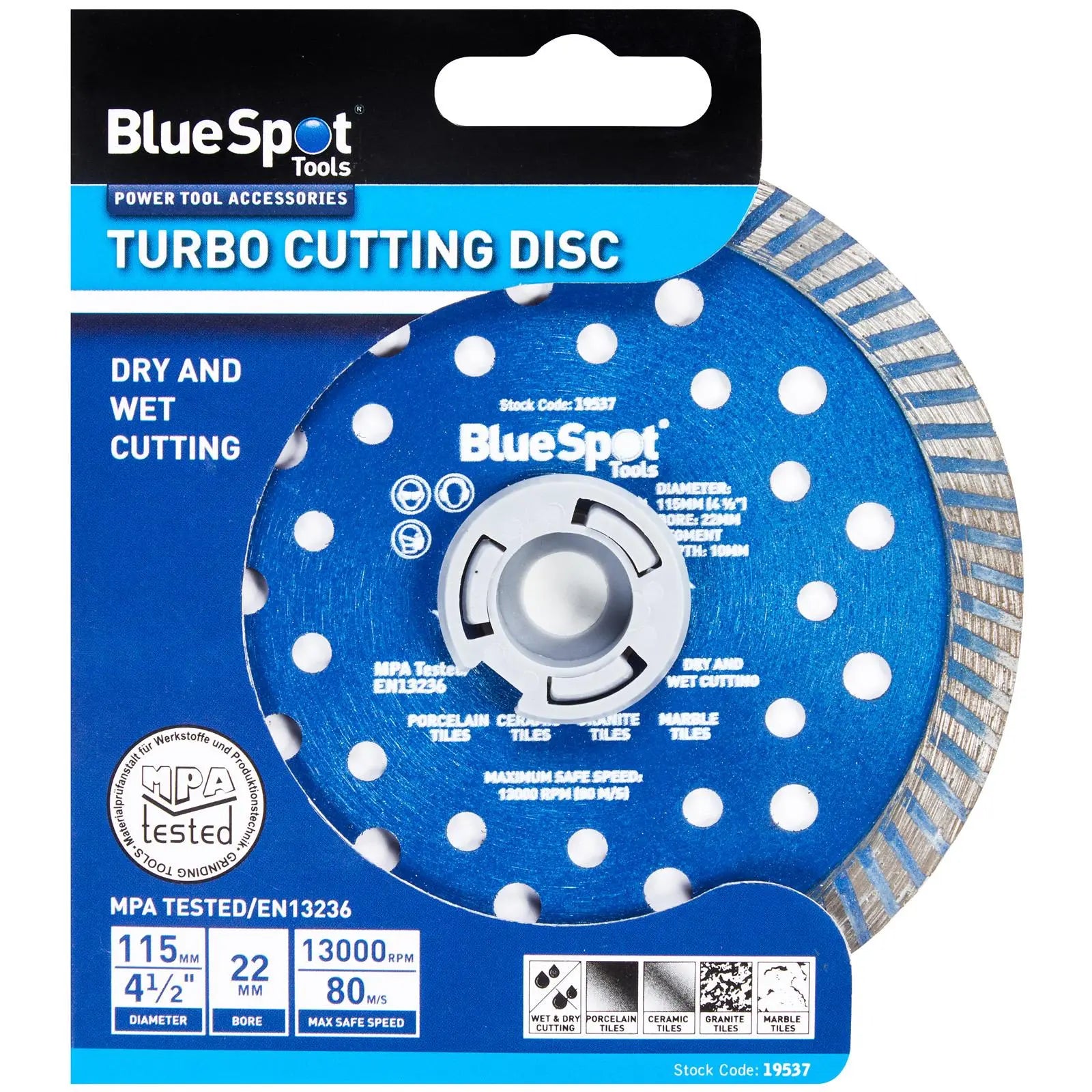 BlueSpot Turbo Cutting Disc 115mm 10mm Segment Depth Wet and Dry White Rose Tools