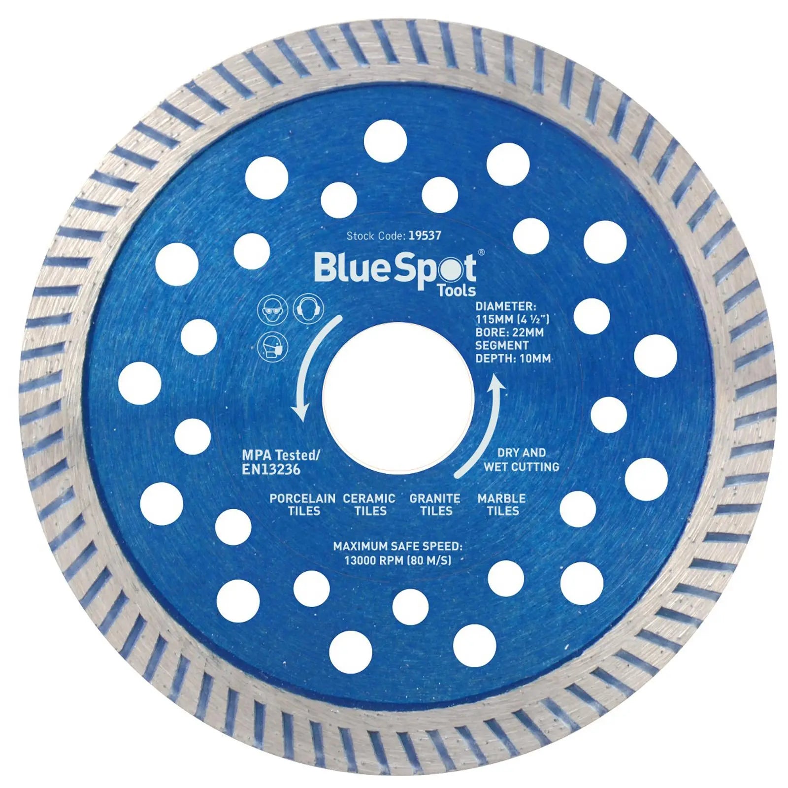 BlueSpot Turbo Cutting Disc 115mm 10mm Segment Depth Wet and Dry White Rose Tools