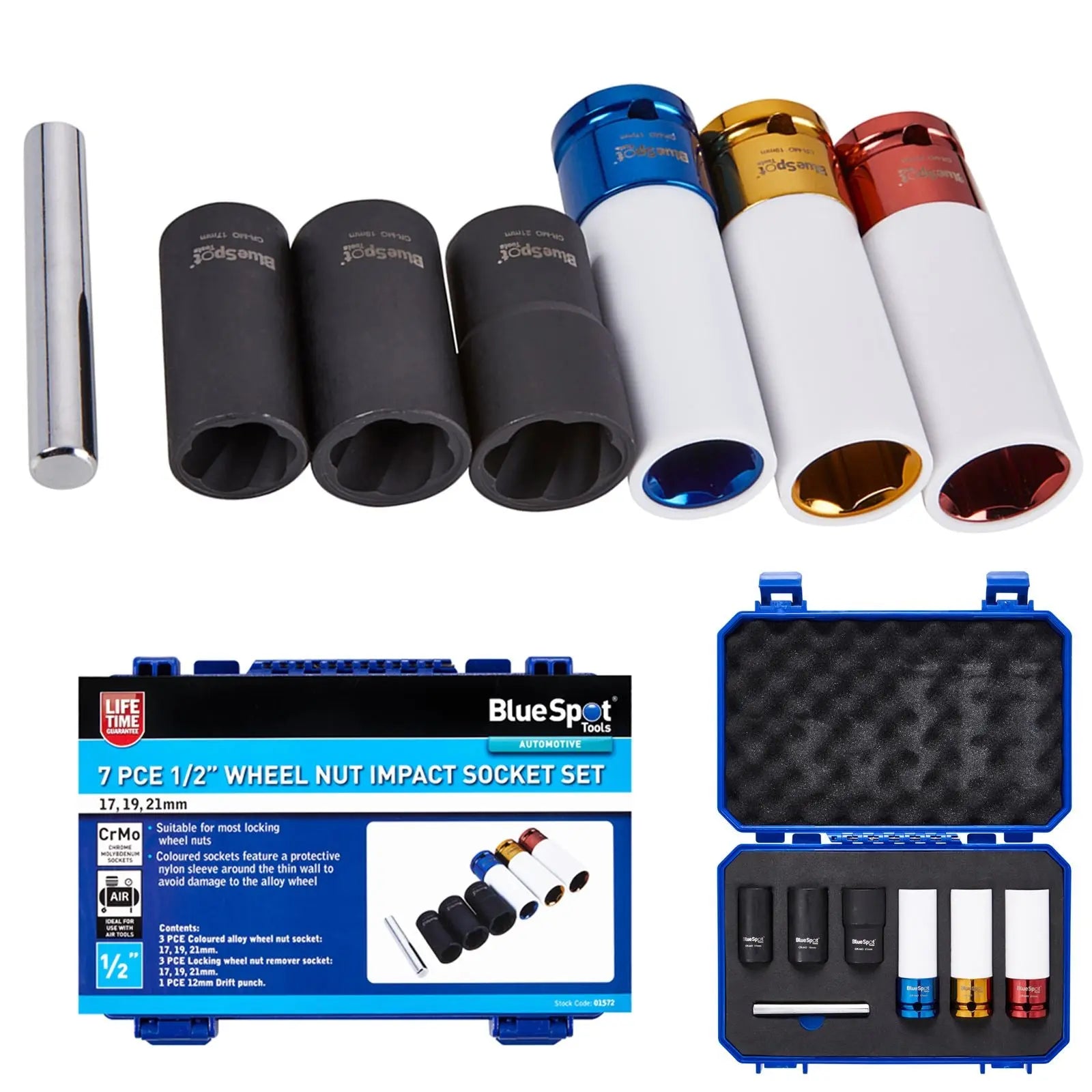 BlueSpot Wheel Nut Impact Socket Set 7 Piece 1/2" 17 19 21 mm