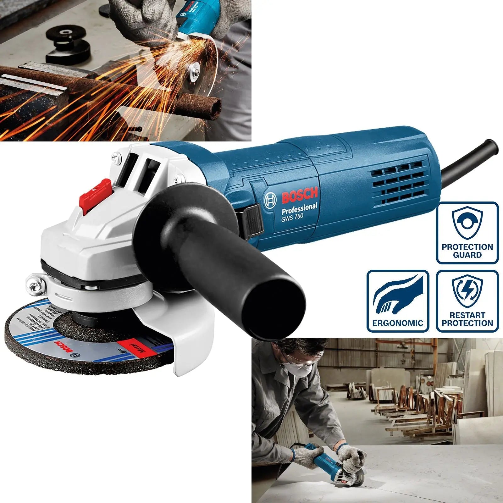 Bosch Angle Grinder 115mm 380W 240V Corded GWS 750 White Rose Tools