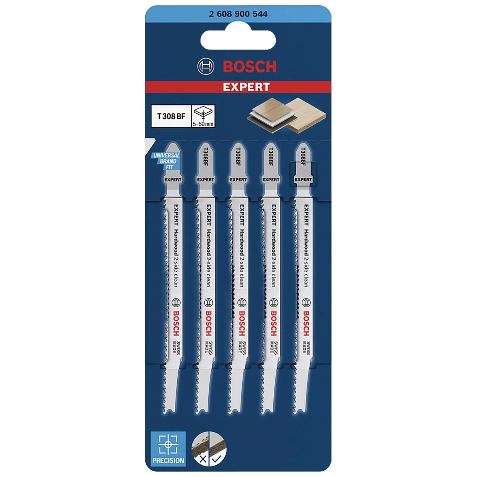 Bosch EXPERT Jigsaw Blades 5 Piece T308BF Hardwood 2 Side Clean 117mm White Rose Tools