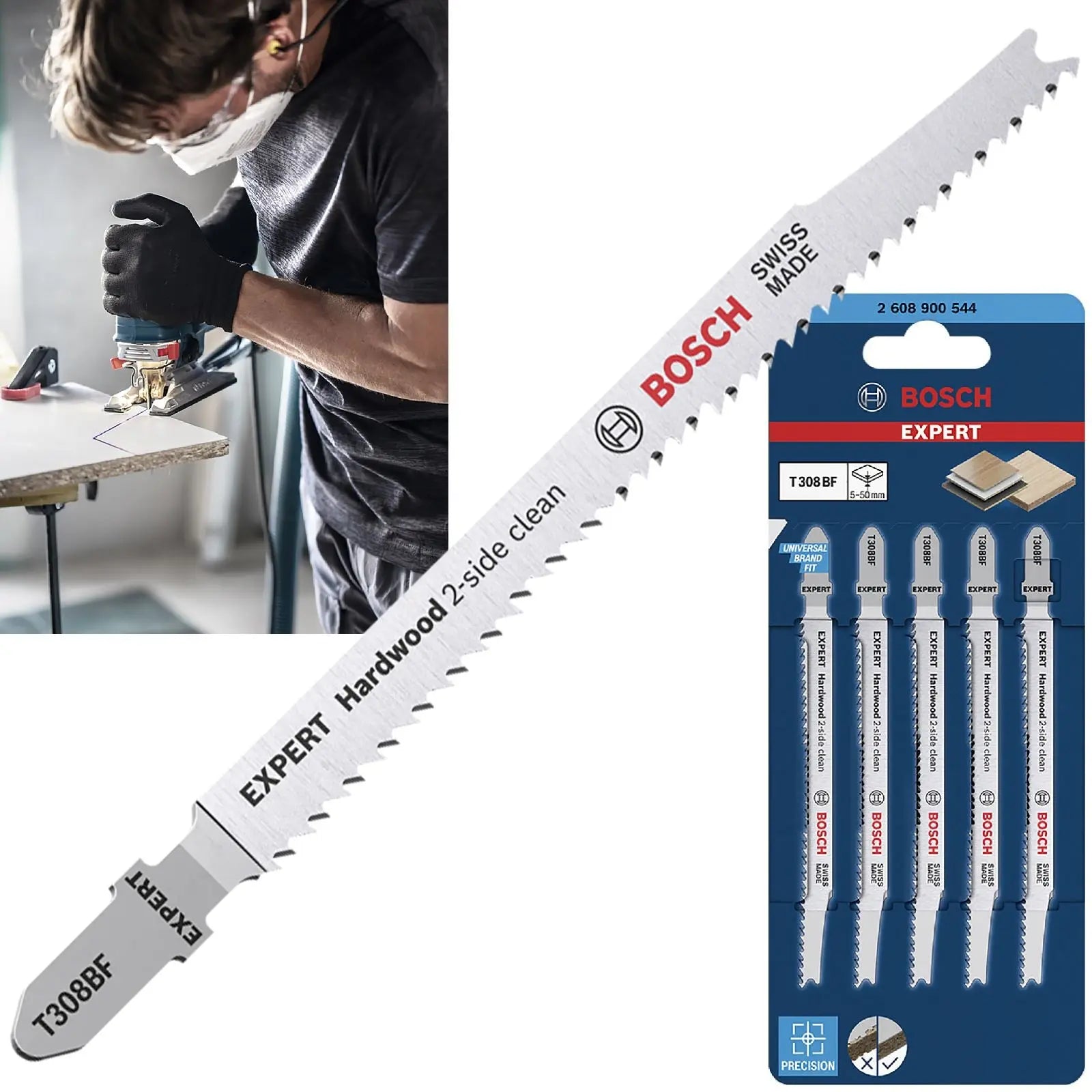 Bosch EXPERT Jigsaw Blades 5 Piece T308BF Hardwood 2 Side Clean 117mm White Rose Tools