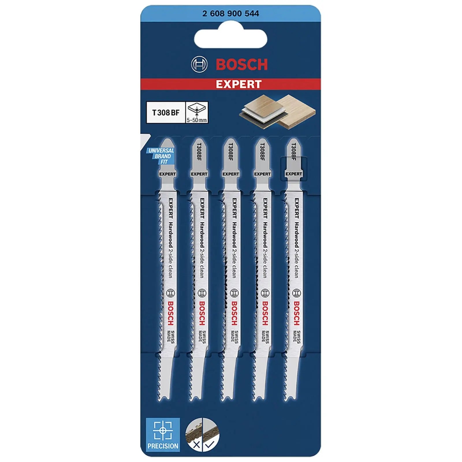 Bosch EXPERT Jigsaw Blades 5 Piece T308BF Hardwood 2 Side Clean 117mm White Rose Tools