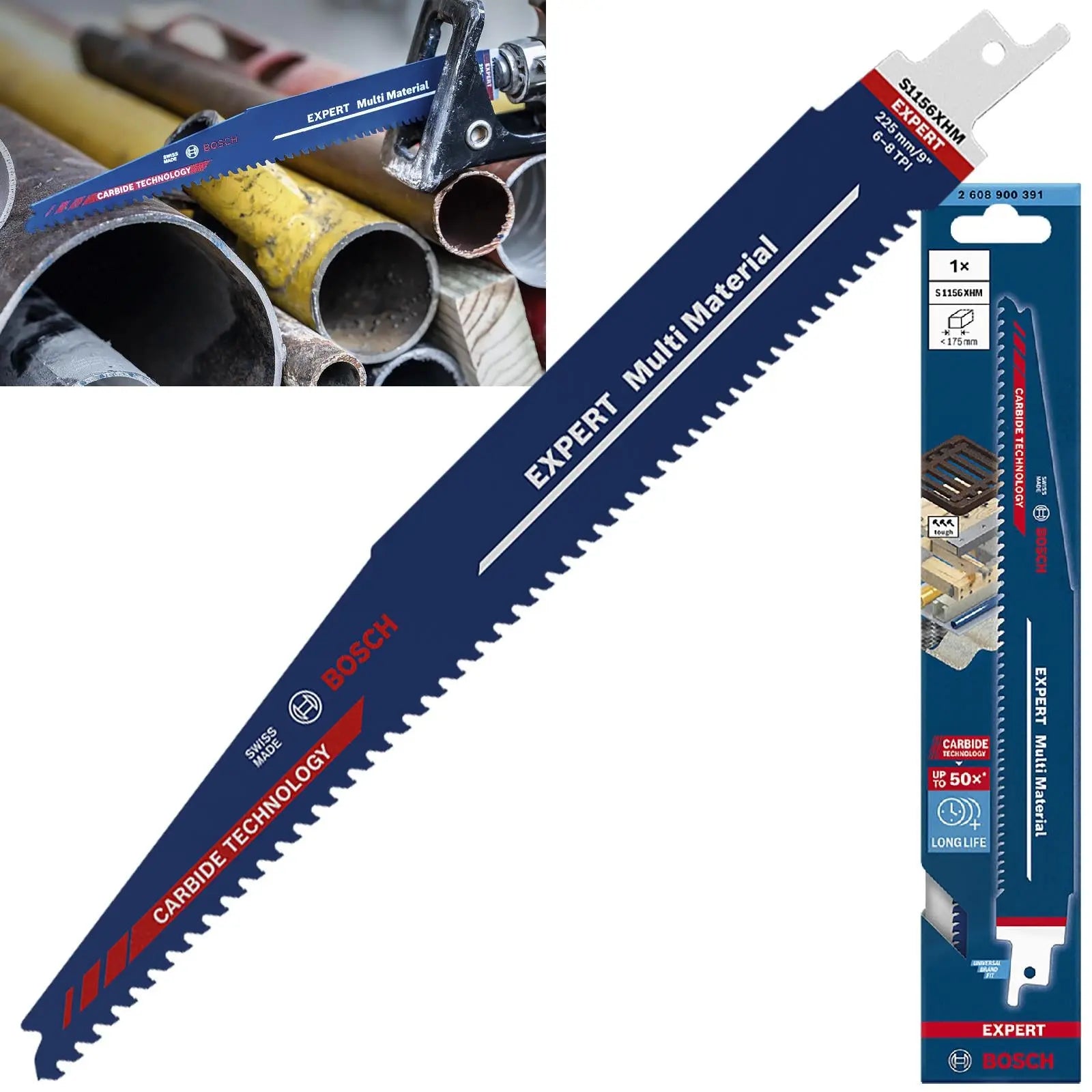 Bosch EXPERT Reciprocating Saw Blade Multi Material 225mm 9" S1156XHM 1 Pack White Rose Tools