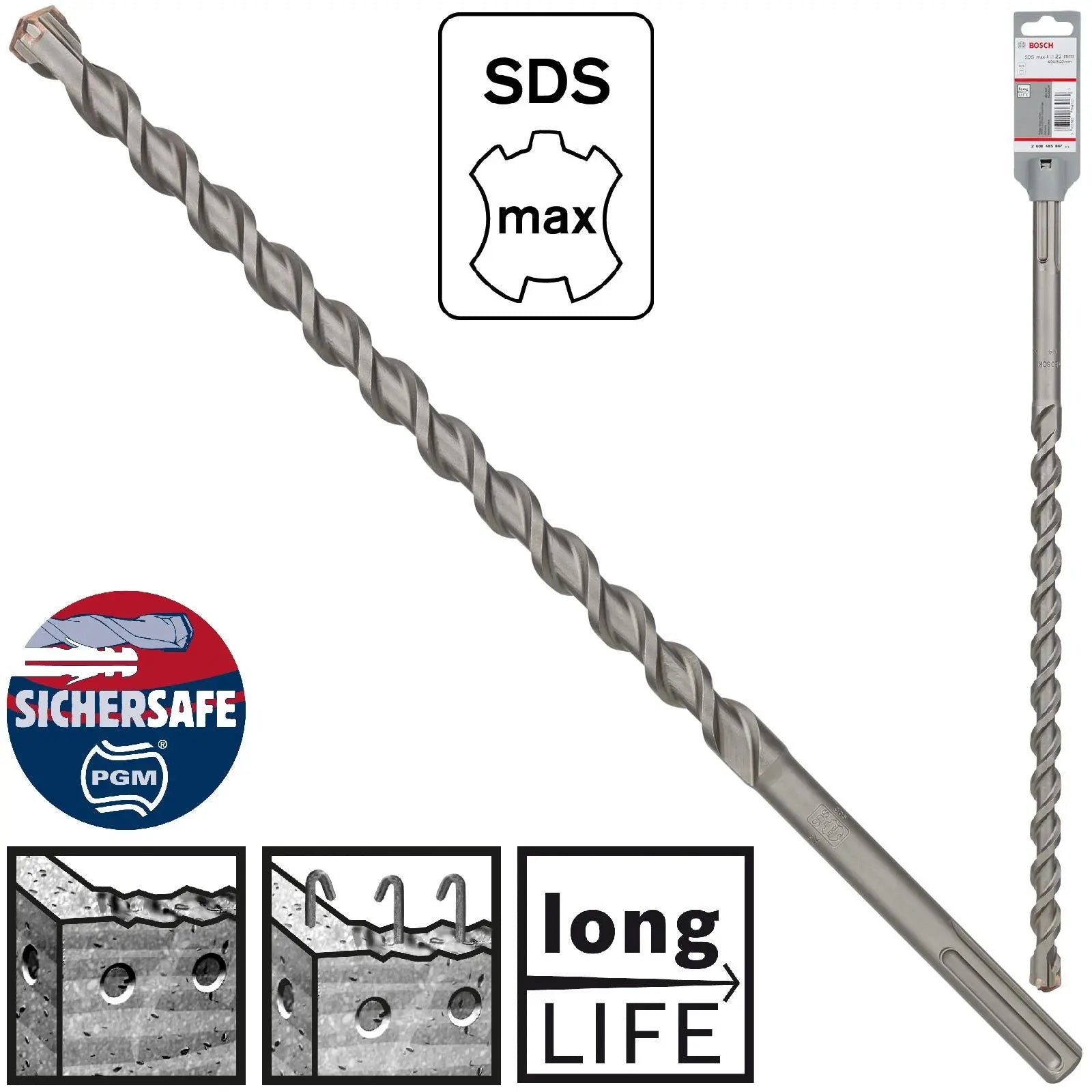 Bosch Hammer Drill Bit SDS Max 4 Cutter Head Concrete Masonry 22 x 520mm (WL:400mm) White Rose Tools