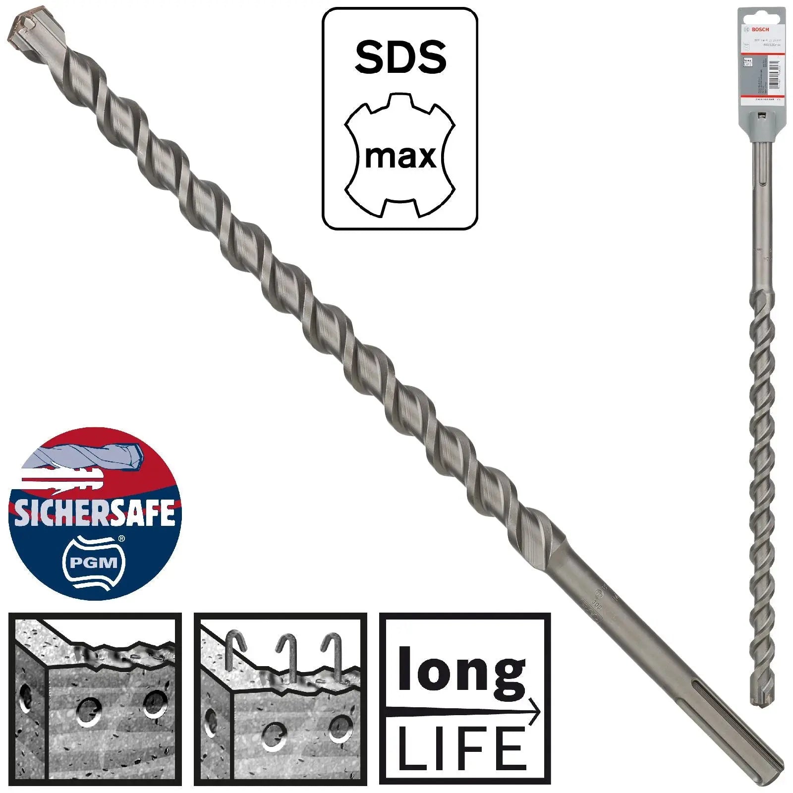 Bosch Hammer Drill Bit SDS Max 4 Cutter Head Concrete Masonry 25 x 520mm (WL:400mm) White Rose Tools