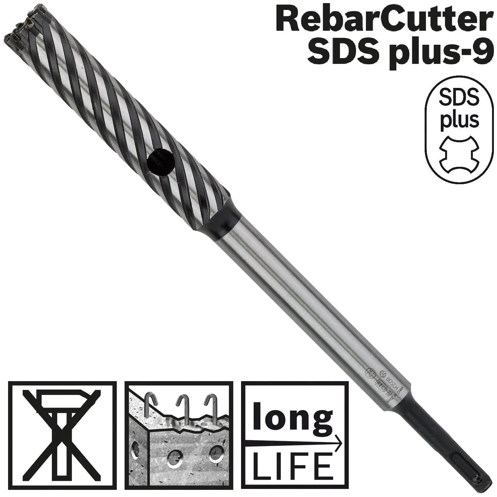 Bosch Rebar Cutter Drill Bit 4 Cutter SDS Plus 9 Reinforced Concrete 300mm 16-32mm (WL:120mm)  White Rose Tools