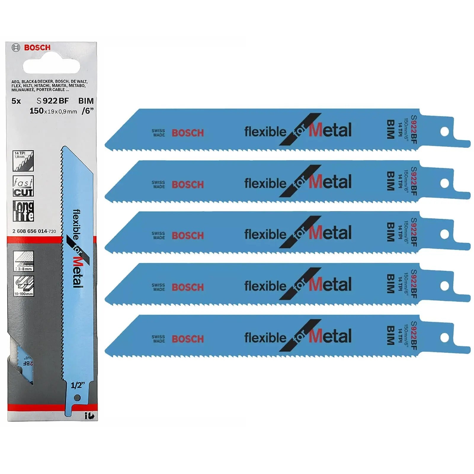 Bosch Recipro Blades Bi-Metal 5 Pack 150mm 6" S922BF Reciprocating Saw Metal Cutting White Rose Tools